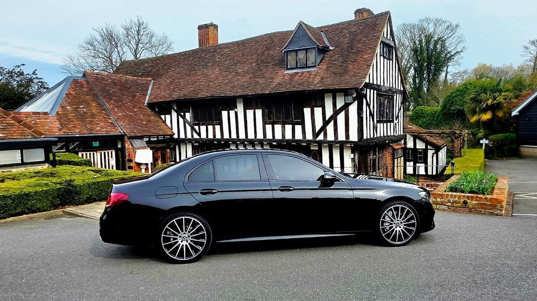 Mercedes-Benz E-Class chauffeur car at a Tudor country house in Essex — Travel in Style Essex