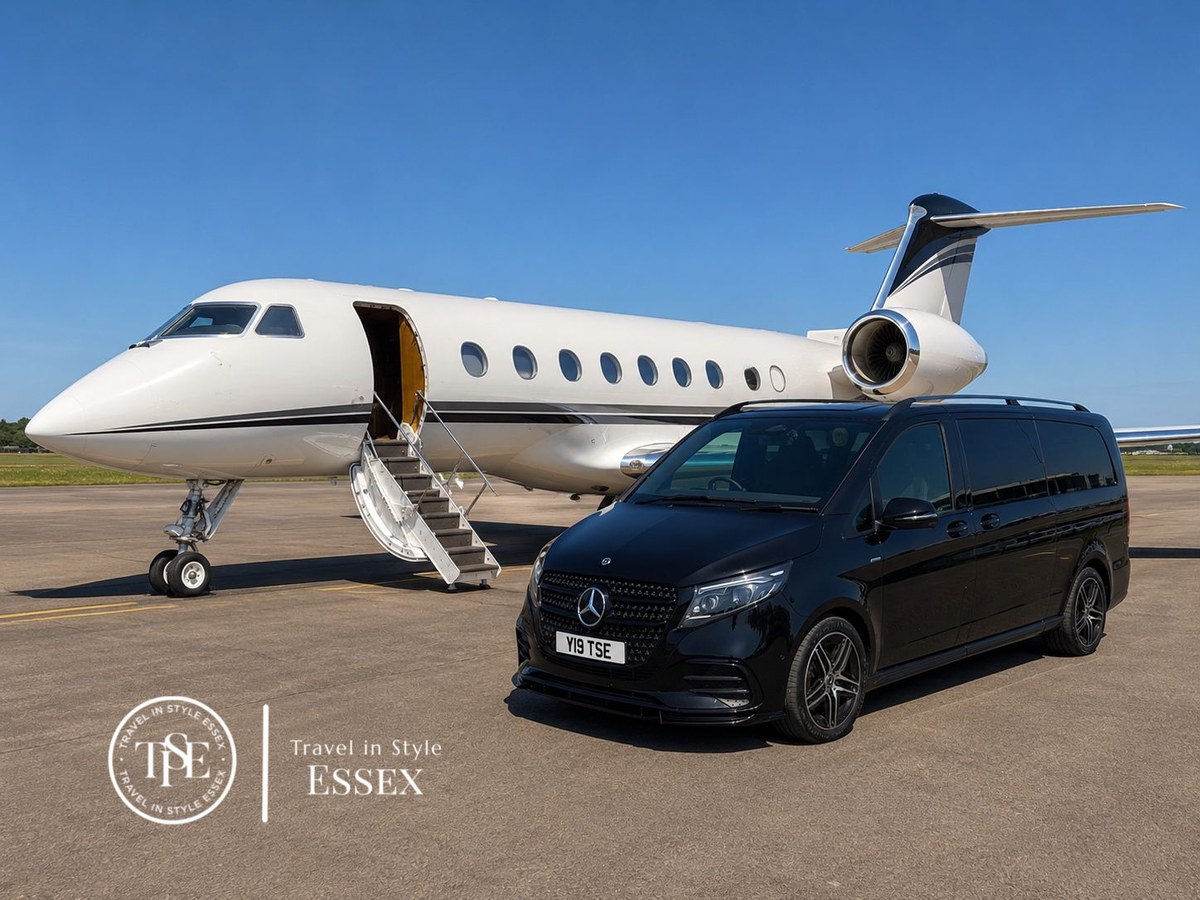 Mercedes-Benz V-Class Y19 TSE on the tarmac alongside a private jet — Travel in Style Essex luxury chauffeur service, Essex