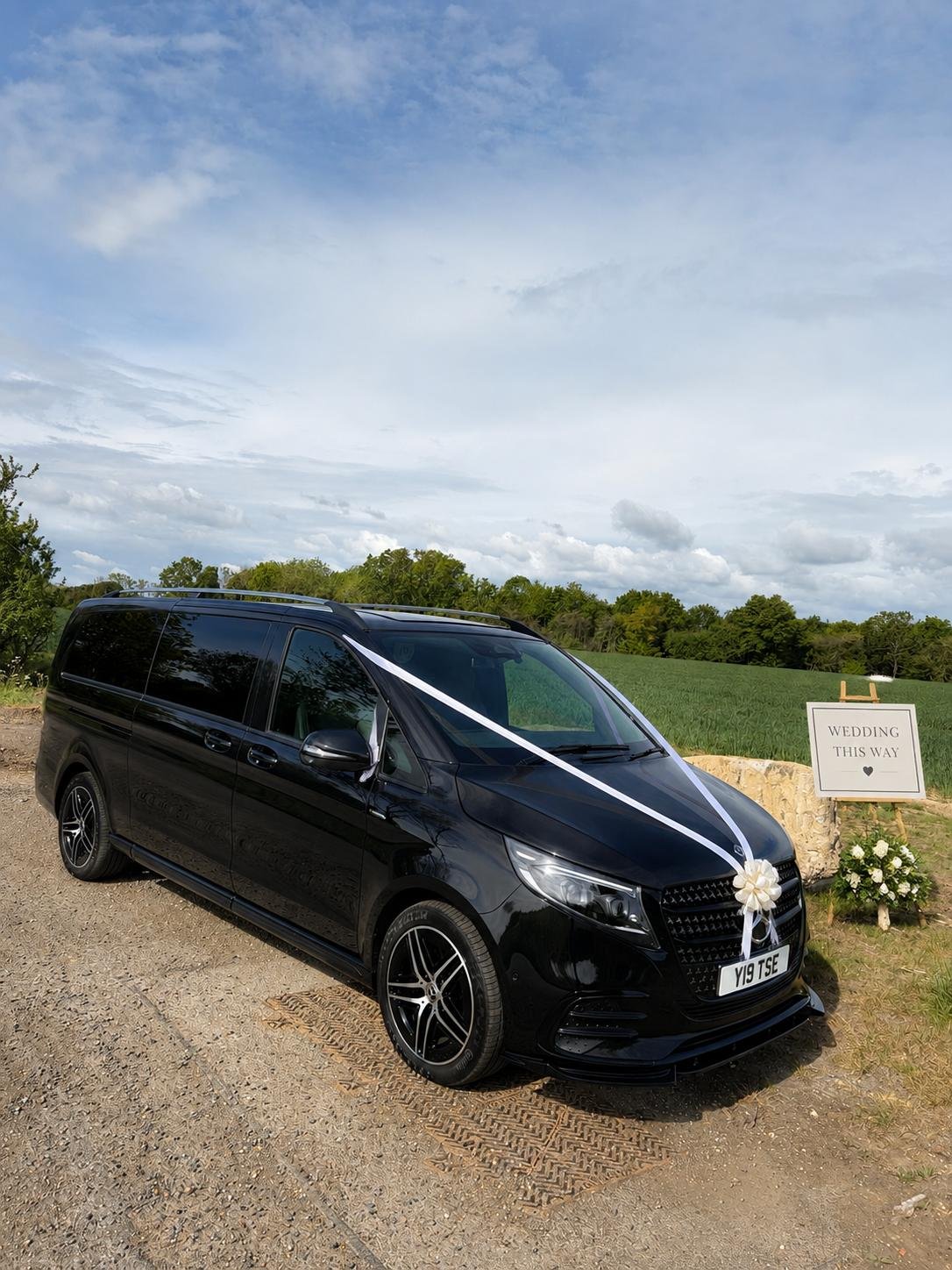 Mercedes-Benz V-Class dressed for a wedding in Essex with white ribbon
